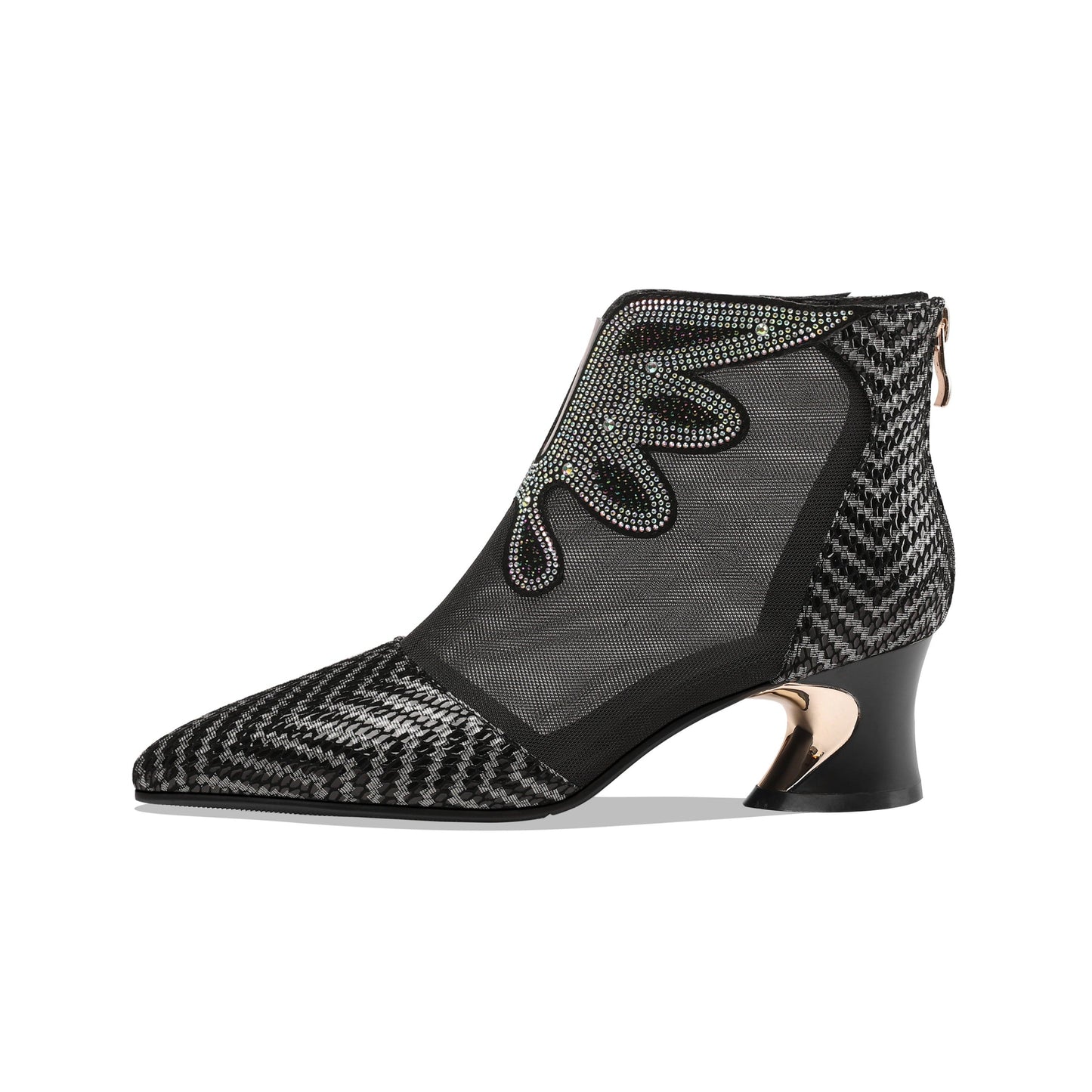 Nine Seven Women's Handmade Genuine Leather and Mesh Back Zip Up Glitter Decor Chuncky Heel Summer Boots
