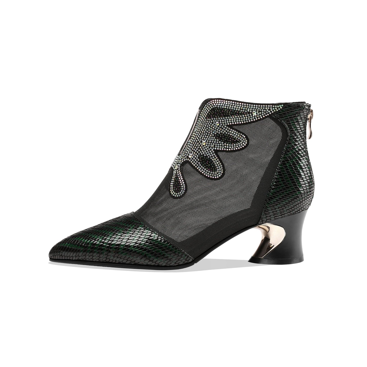 Nine Seven Women's Handmade Genuine Leather and Mesh Back Zip Up Glitter Decor Chuncky Heel Summer Boots