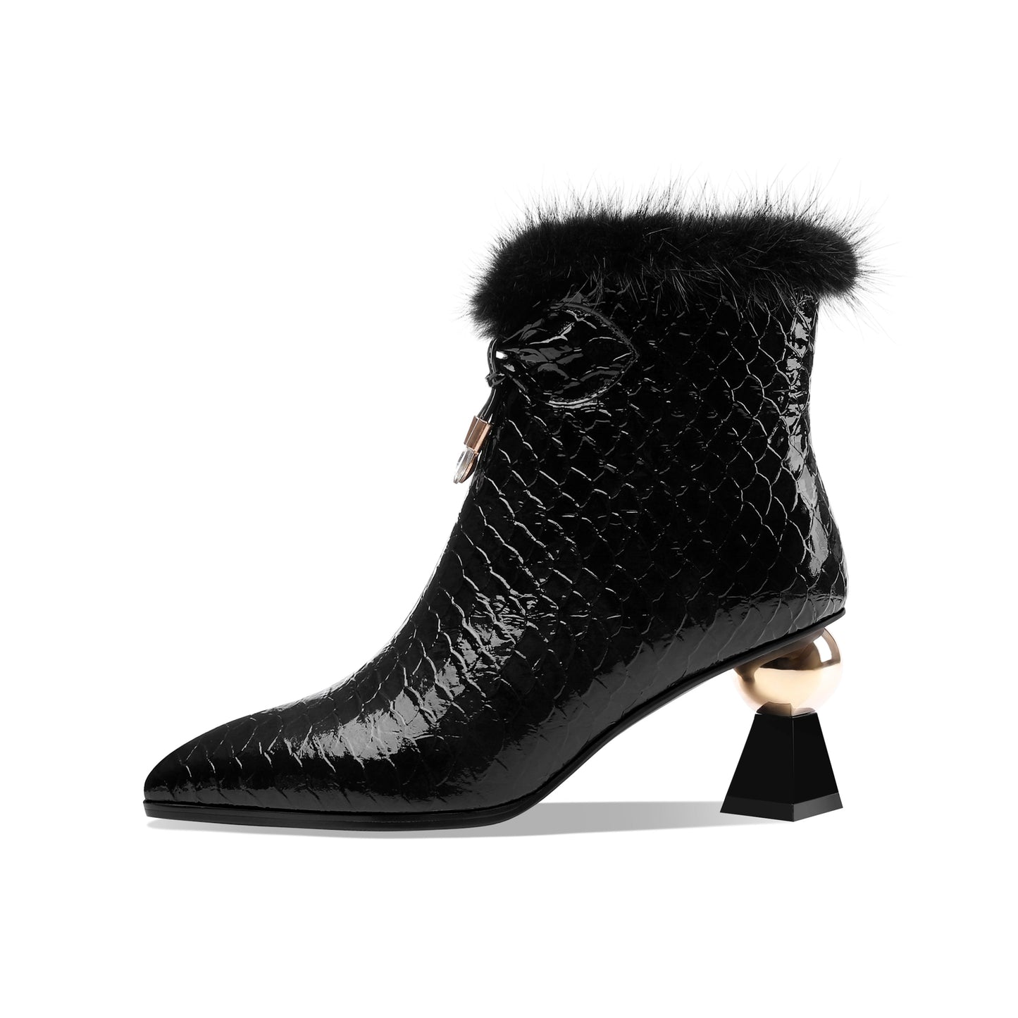 Nine Seven Patent Leather Handmade Women's Pointy Toe Side Zip Up Mid Heel Crystal and Fur Design Ankle Boots with Bow