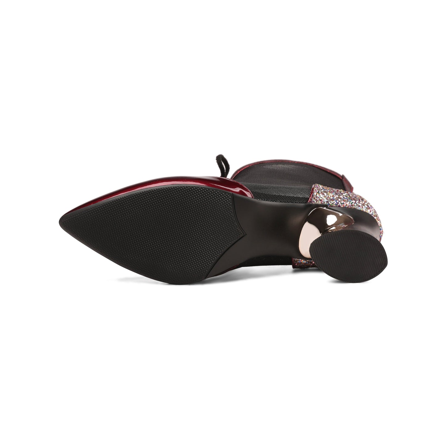 Nine Seven Women's Handmade Glossy Patent Leather and Mesh Spool Heel Back Zip Pointy Toe Summer Ankle Boots with Bowtie