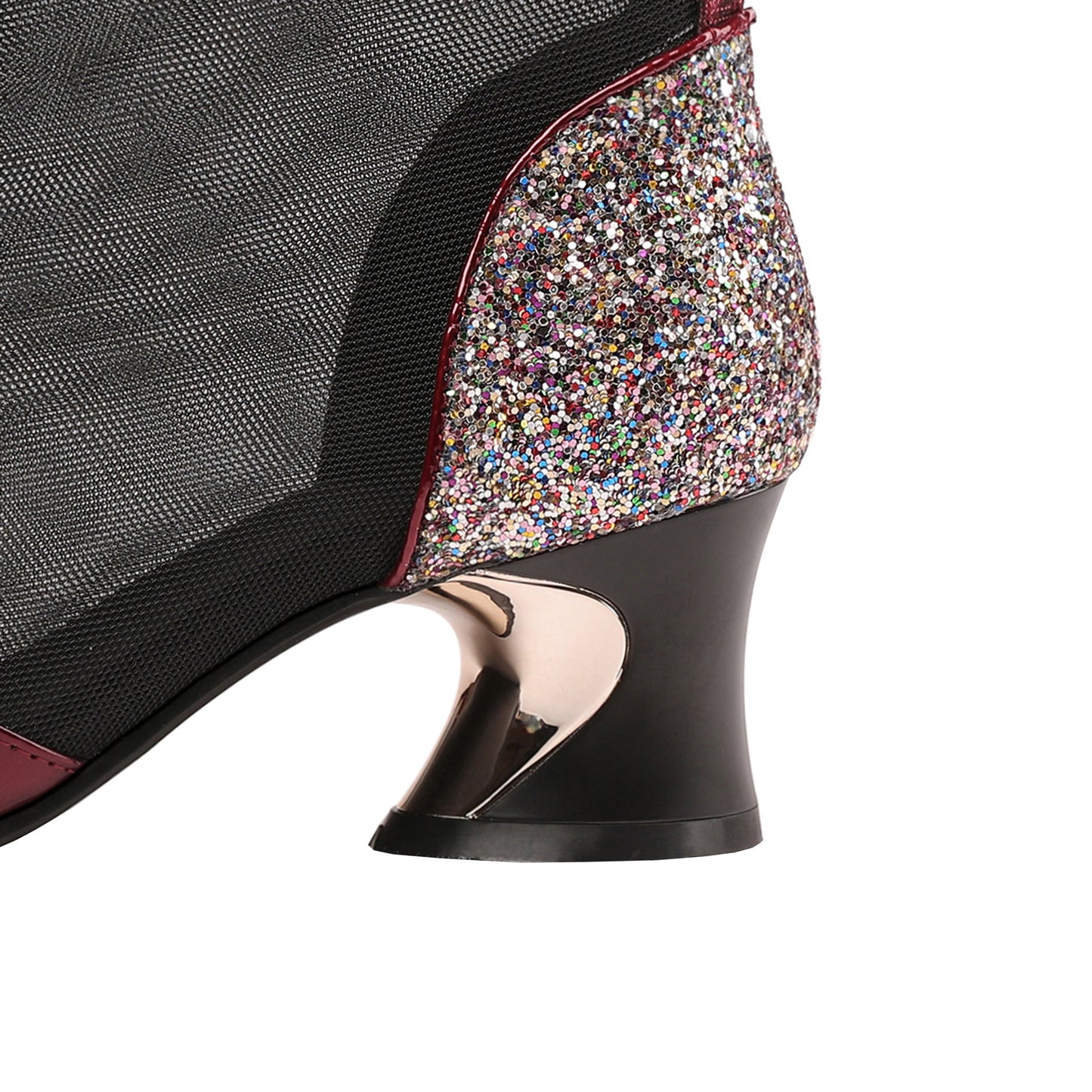 Nine Seven Women's Handmade Glossy Patent Leather and Mesh Spool Heel Back Zip Pointy Toe Summer Ankle Boots with Bowtie