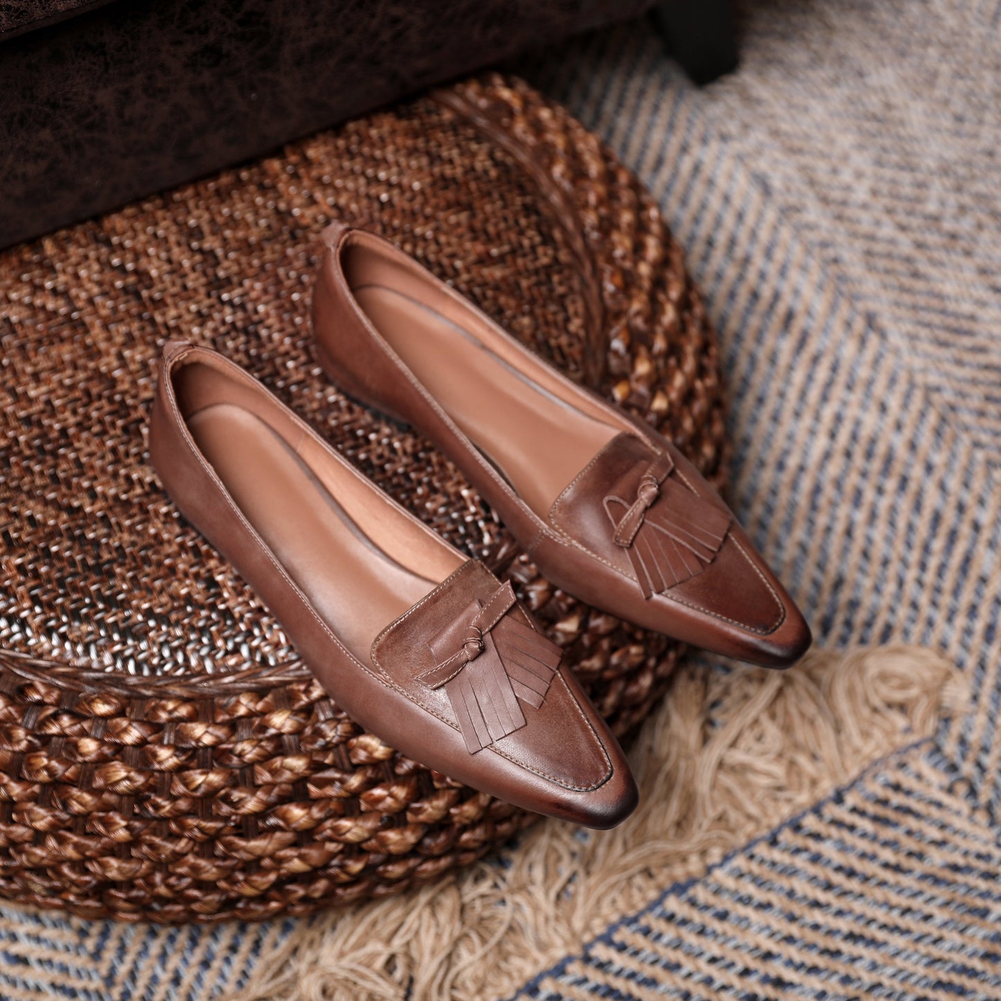 Nine Seven Women's Genuine Leather Pointed Toe Handmade Slip On Flat Shoes with Tassels