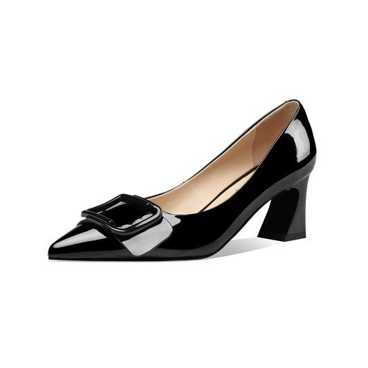 Nine Seven Handmade Women's Clossy Patent Leather Mid Spool Heel Pointed Toe Slip On Modern Pumps with Square Buckle Pattern