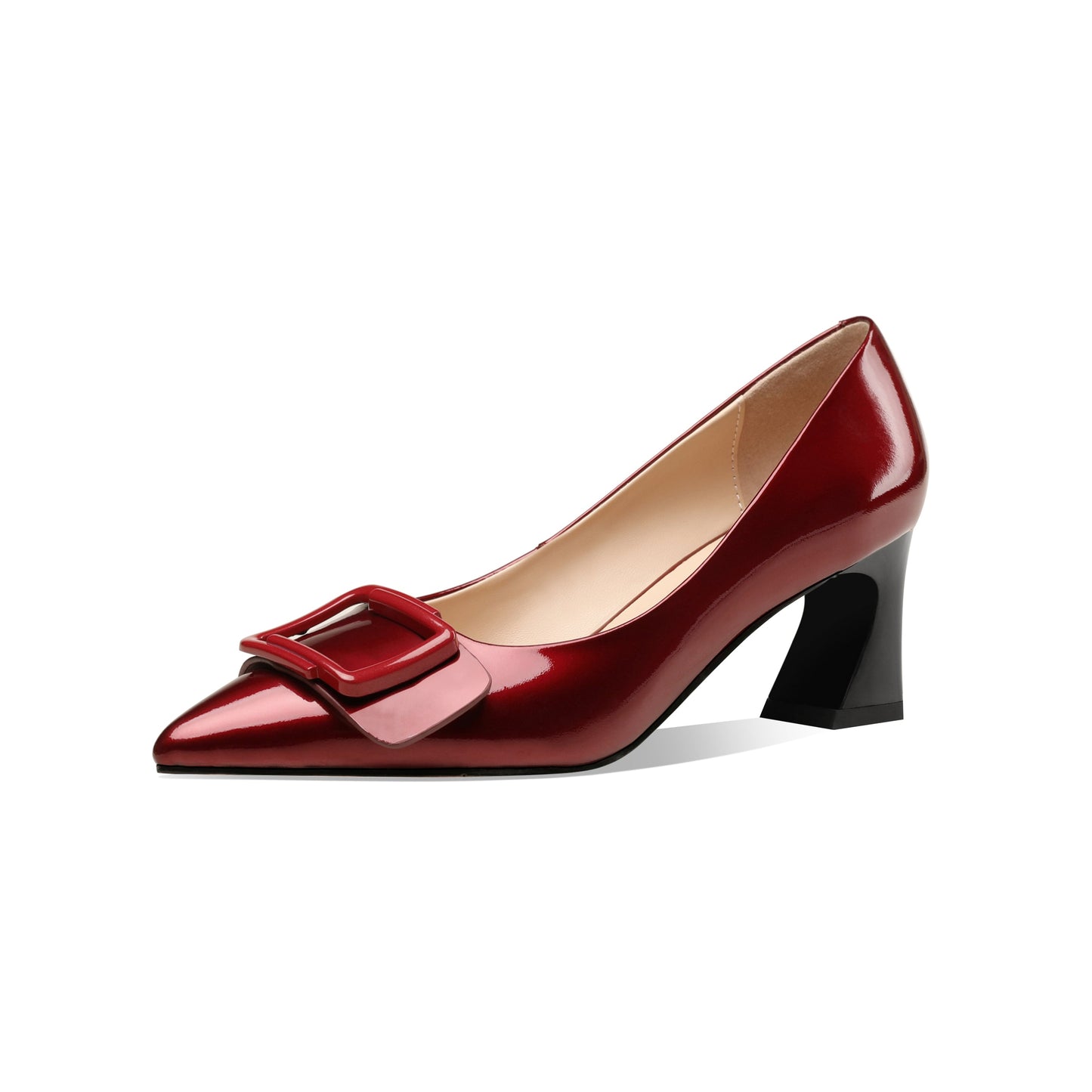Nine Seven Handmade Women's Clossy Patent Leather Mid Spool Heel Pointed Toe Slip On Modern Pumps with Square Buckle Pattern