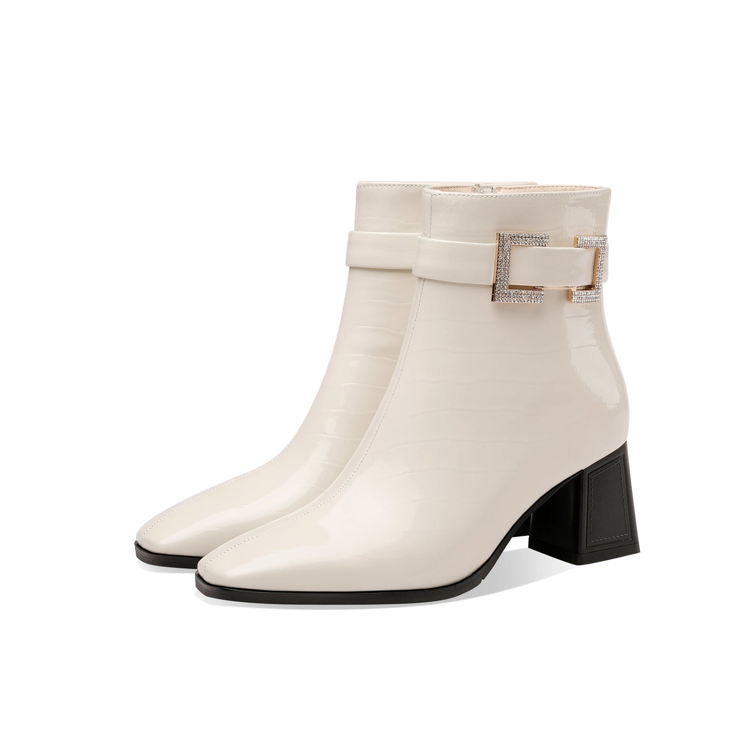 Nine Seven Women's Handmade Checkered Patent Leather Comfortable Block Heel Side Zip Up Glitter Buckle Design Chic Dress Boots