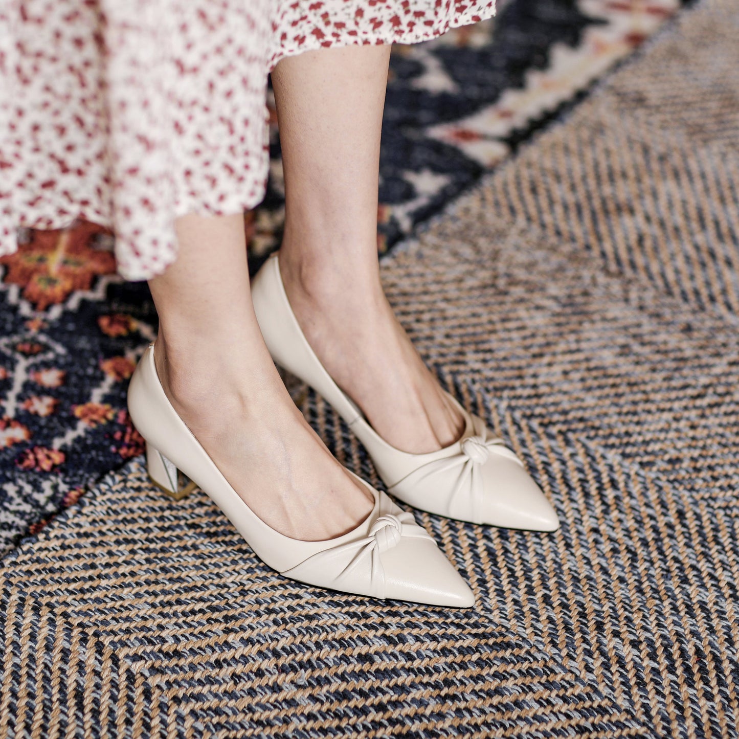 Nine Seven Women's Genuine Leather Pointed Toe Handmade Knot Décor Mid Chunky Heels Elegant Pumps Shoes