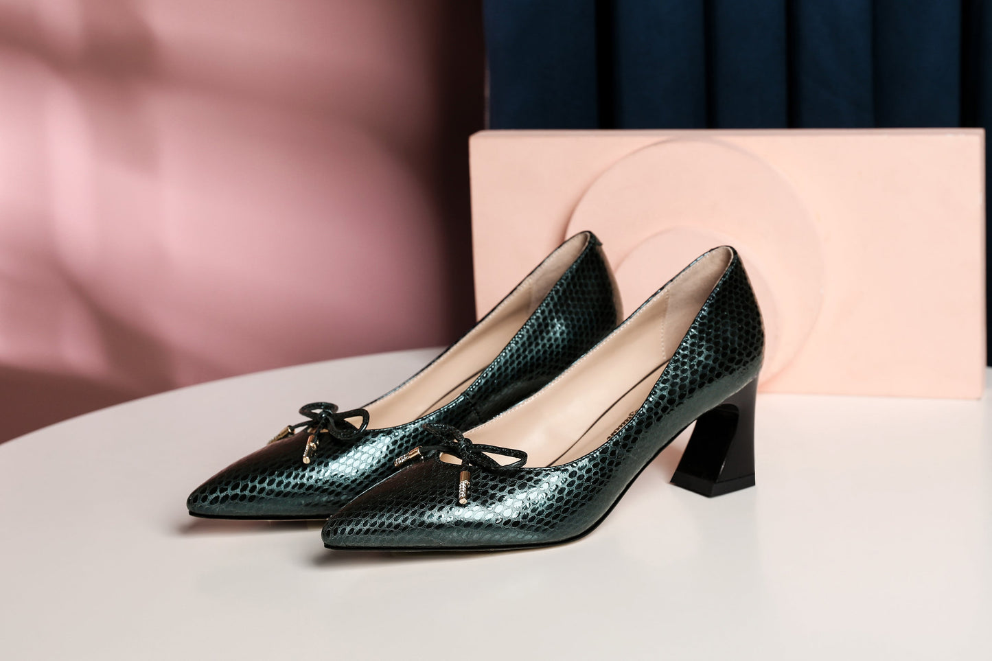 Nine Seven Handmade Women's Embossed Genuine Leather Cute Bowtie Mid Spool Heel Pointed Toe Elegant Pumps