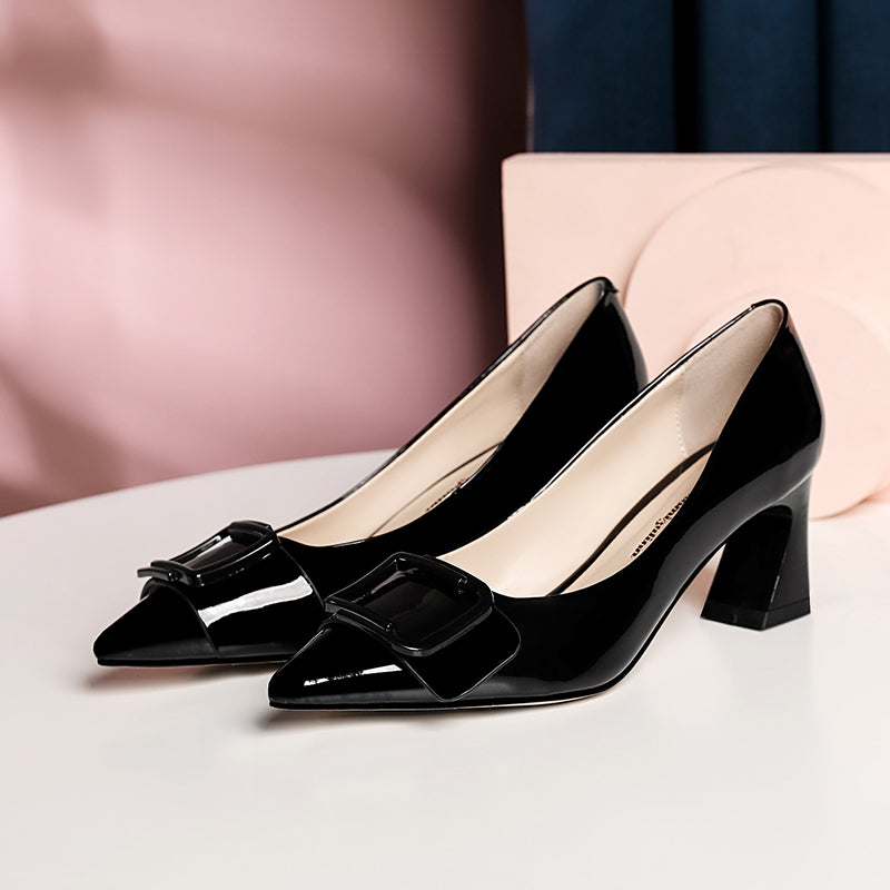 Nine Seven Handmade Women's Clossy Patent Leather Mid Spool Heel Pointed Toe Slip On Modern Pumps with Square Buckle Pattern