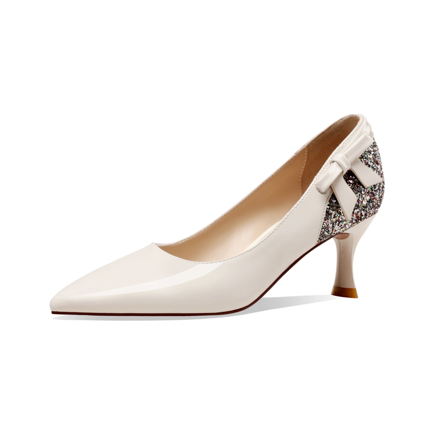 Nine Seven Women's Handmade Glossy Patent Leather Pointed Toe Mid Stiletto Heel Slip On Glitter Pumps with Bowtie