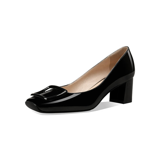 Nine Seven Women's Glossy Patent Leather Handmade Square Toe Comfortable Mid Chunky Heel Slip On Office Pumps with Square Pattern