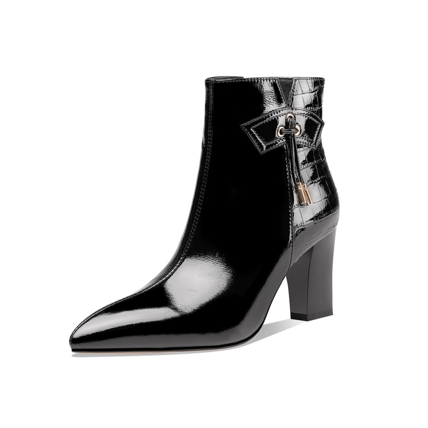 Nine Seven Women's Patent Leather Handmade Chunky Heel Pointed Toe Side Zip Up Glossy Ankle Booties