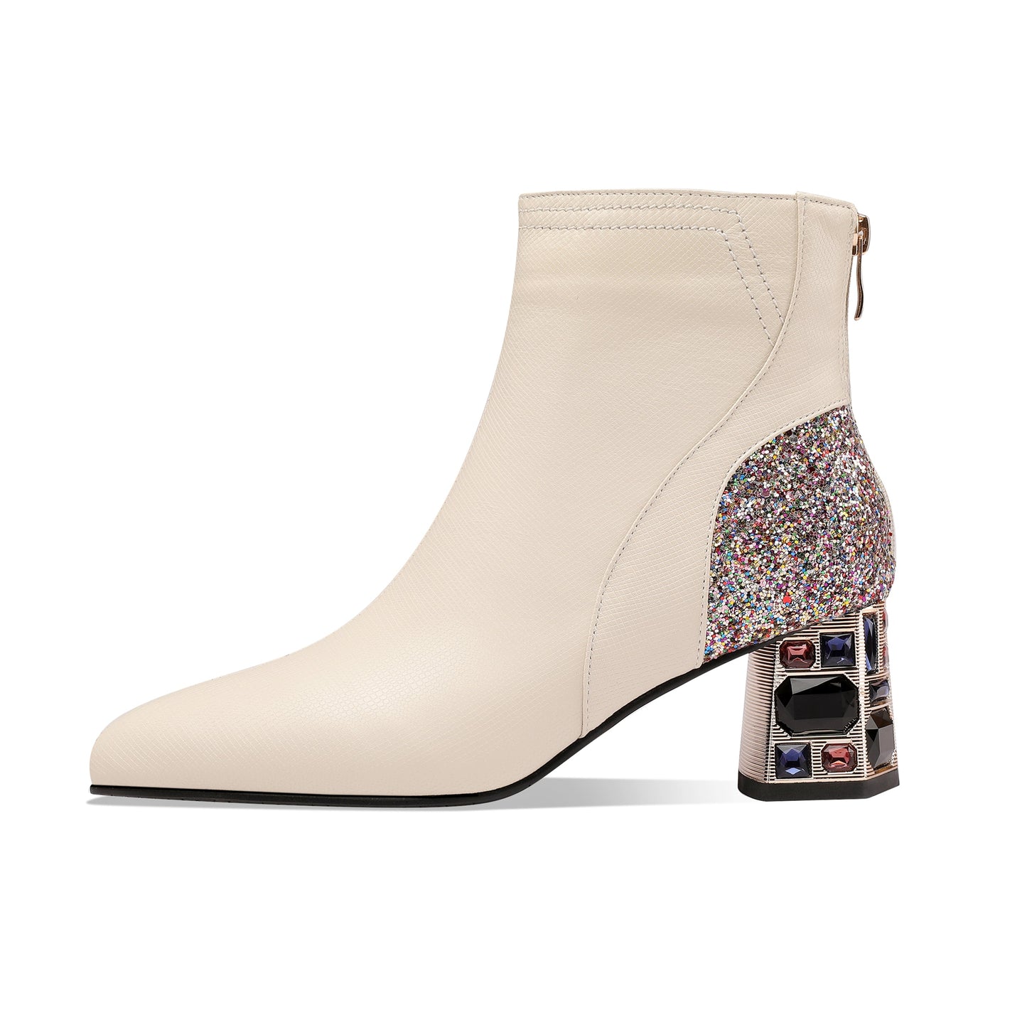 Nine Seven Women's Handmade Genuine Leather Clear Pointed Toe Crystal Chunky Heel Back Zip Up Graceful Ankle Boots