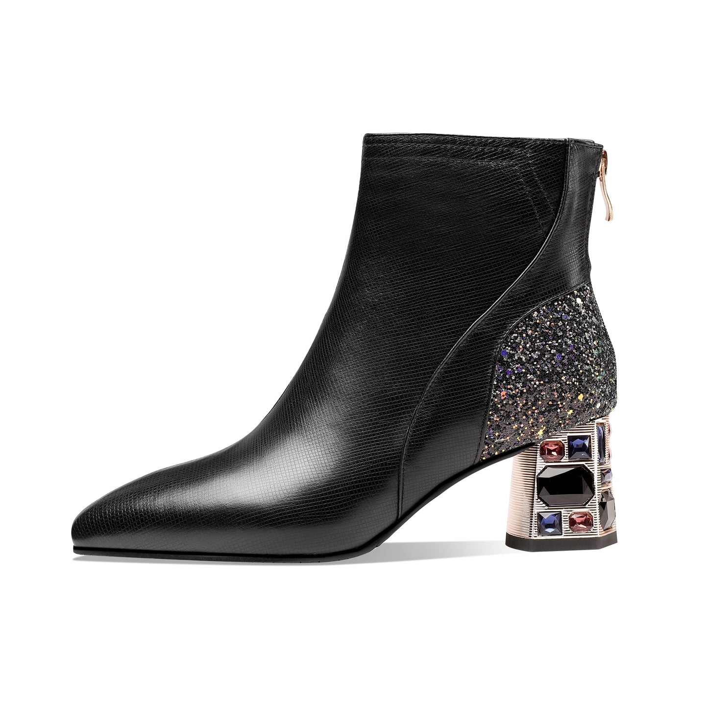 Nine Seven Women's Handmade Genuine Leather Clear Pointed Toe Crystal Chunky Heel Back Zip Up Graceful Ankle Boots