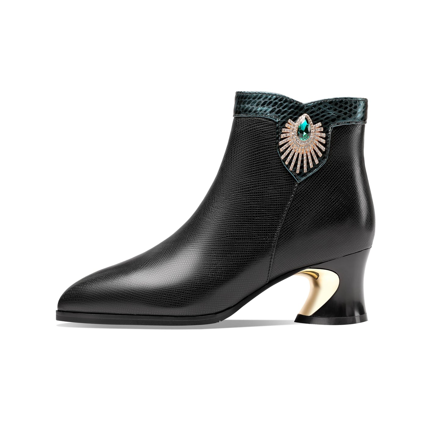 Nine Seven Women's Handmade Genuine Leather Pointed Toe Chunky Heel Side Zip Up Ankle Boots with Glitter Rhinestone