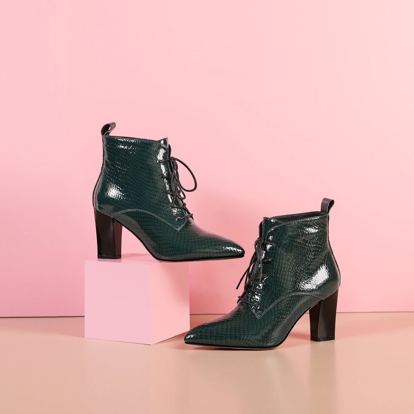 Nine Seven Women's Genuine Leather Handmade Pointed Toe Chunky Heel Lace Up Stylish Ankle Boots