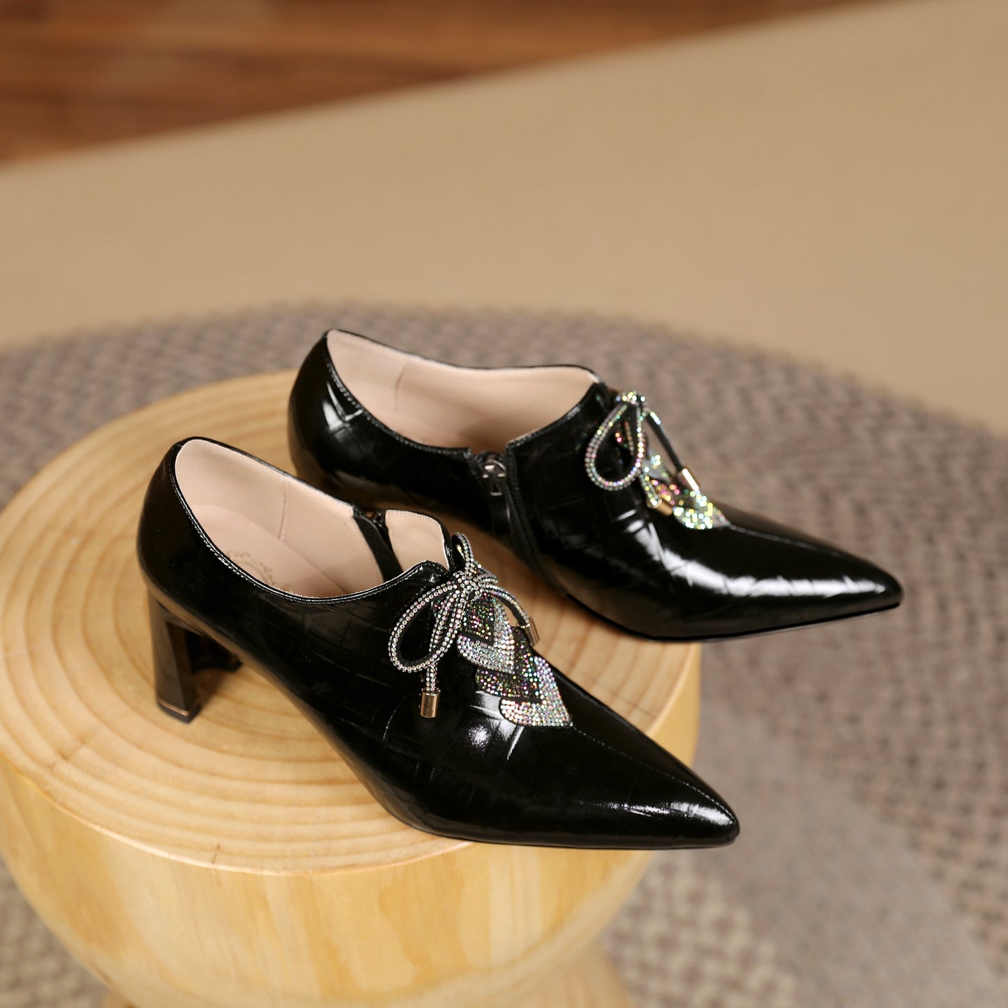 Nine Seven Women's Pointed Toe Glossy Patent Leather Handmade Side Zipper Mid Chunky Heel Pumps Shoes