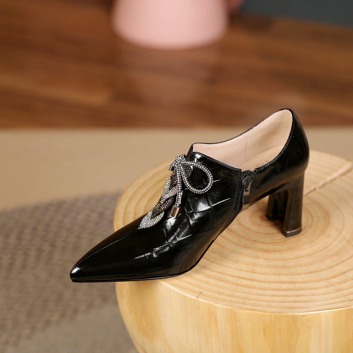 Nine Seven Women's Pointed Toe Glossy Patent Leather Handmade Side Zipper Mid Chunky Heel Pumps Shoes