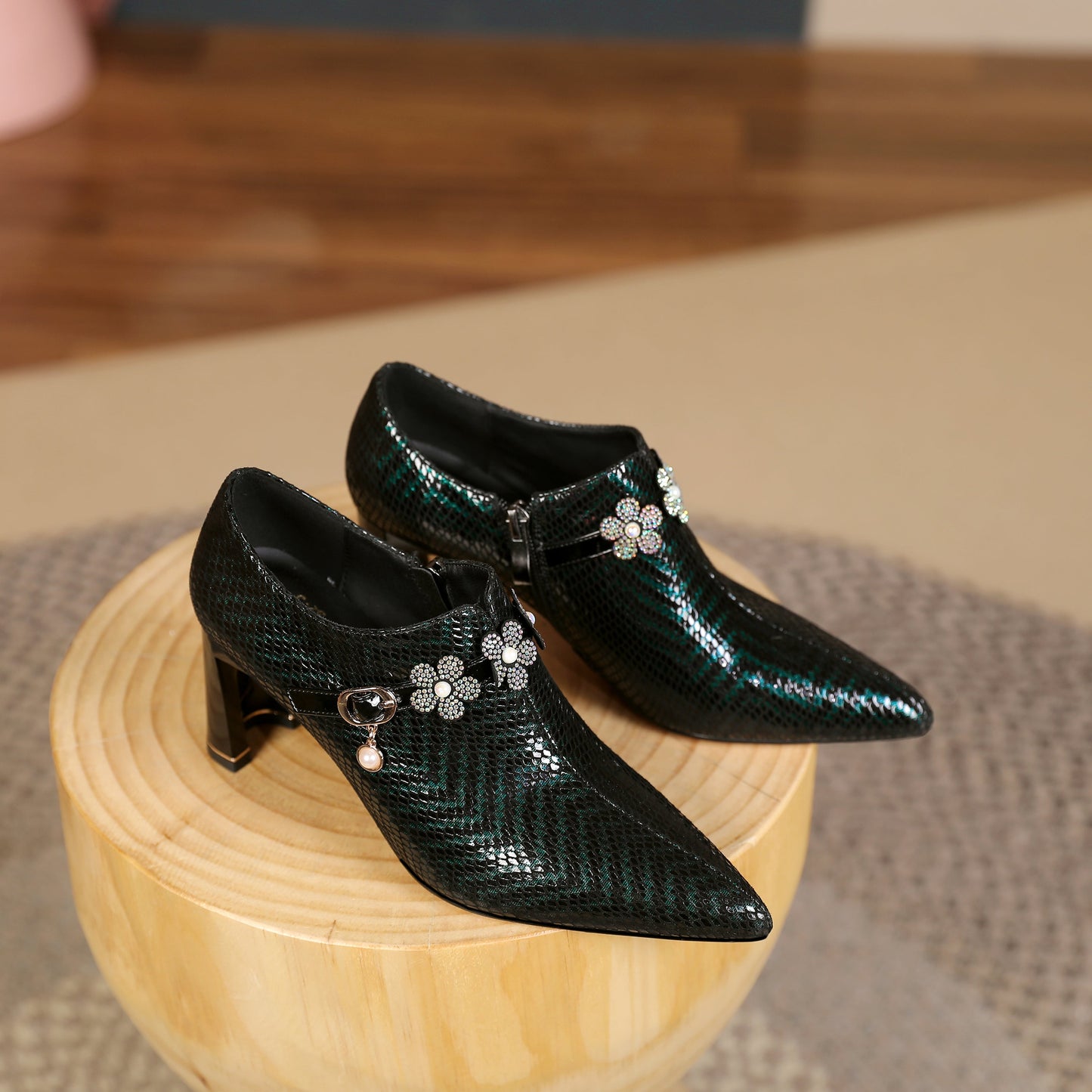 Nine Seven Printing Genuine Leather Women's Pointed Toe Handmade Flower Décor Side Zip Up Unique Mid Chunky Heels