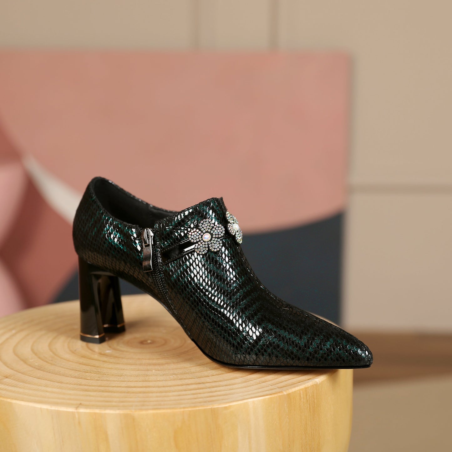 Nine Seven Printing Genuine Leather Women's Pointed Toe Handmade Flower Décor Side Zip Up Unique Mid Chunky Heels