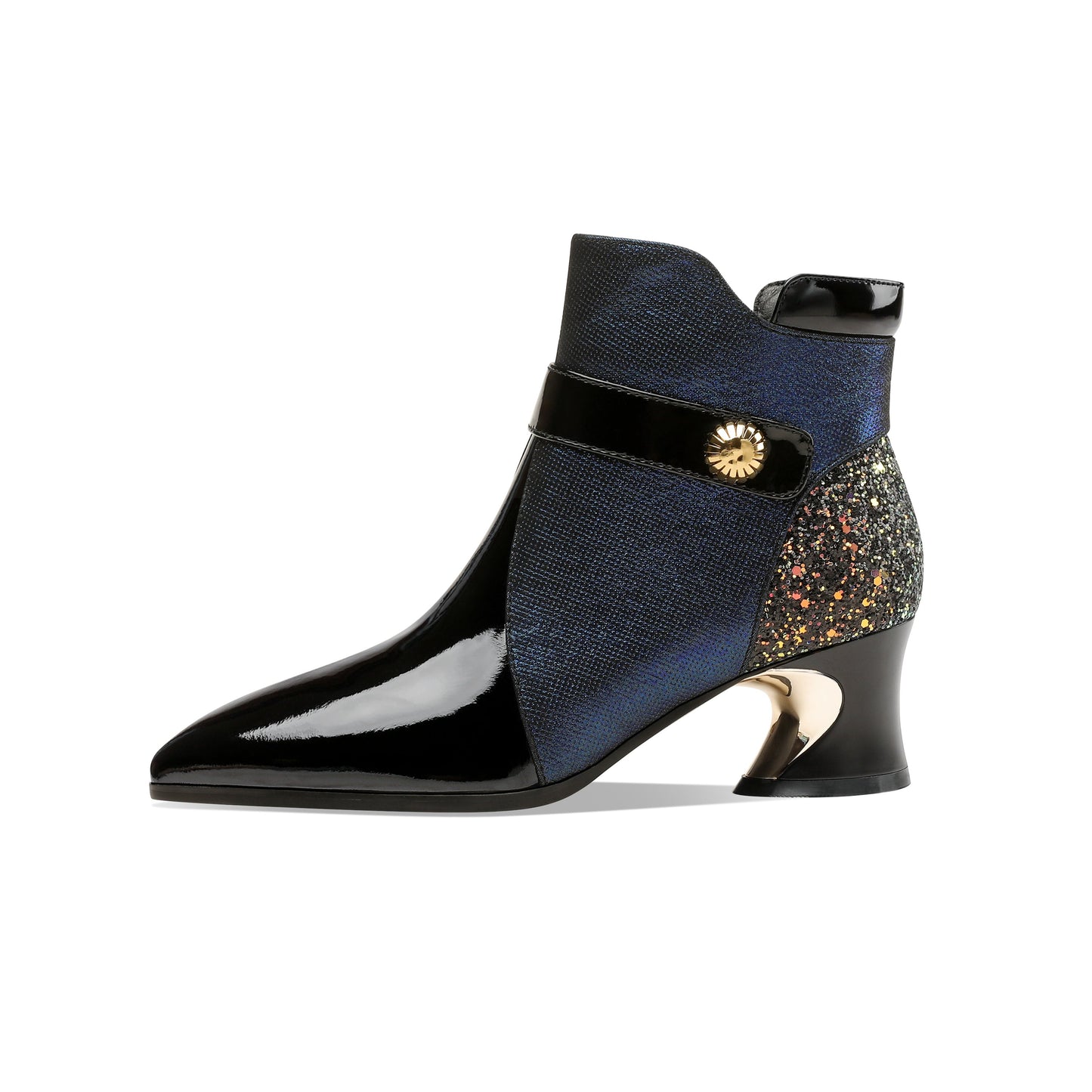 Nine Seven Handmade Women's Glossy Genuine Leather Sexy Stitching Color Side Zipper Pointed Toe Low Chunky Ankle Boots