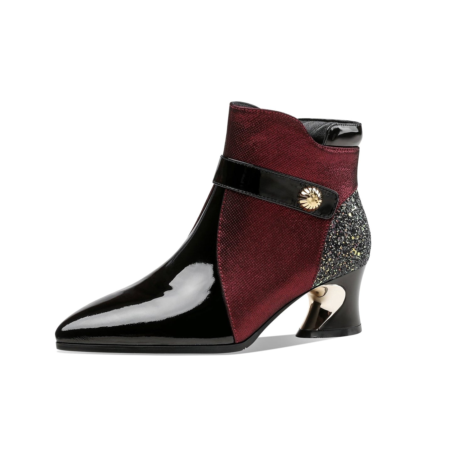 Nine Seven Handmade Women's Glossy Genuine Leather Sexy Stitching Color Side Zipper Pointed Toe Low Chunky Ankle Boots