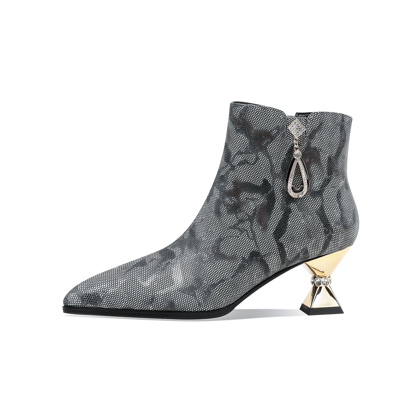 Nine Seven Handmade Women's Assorted Color Genuine Leather Rhinestones Printed Snakeskin Side Zipper Pointed Toe Mid Spool Heel Ankle Boots