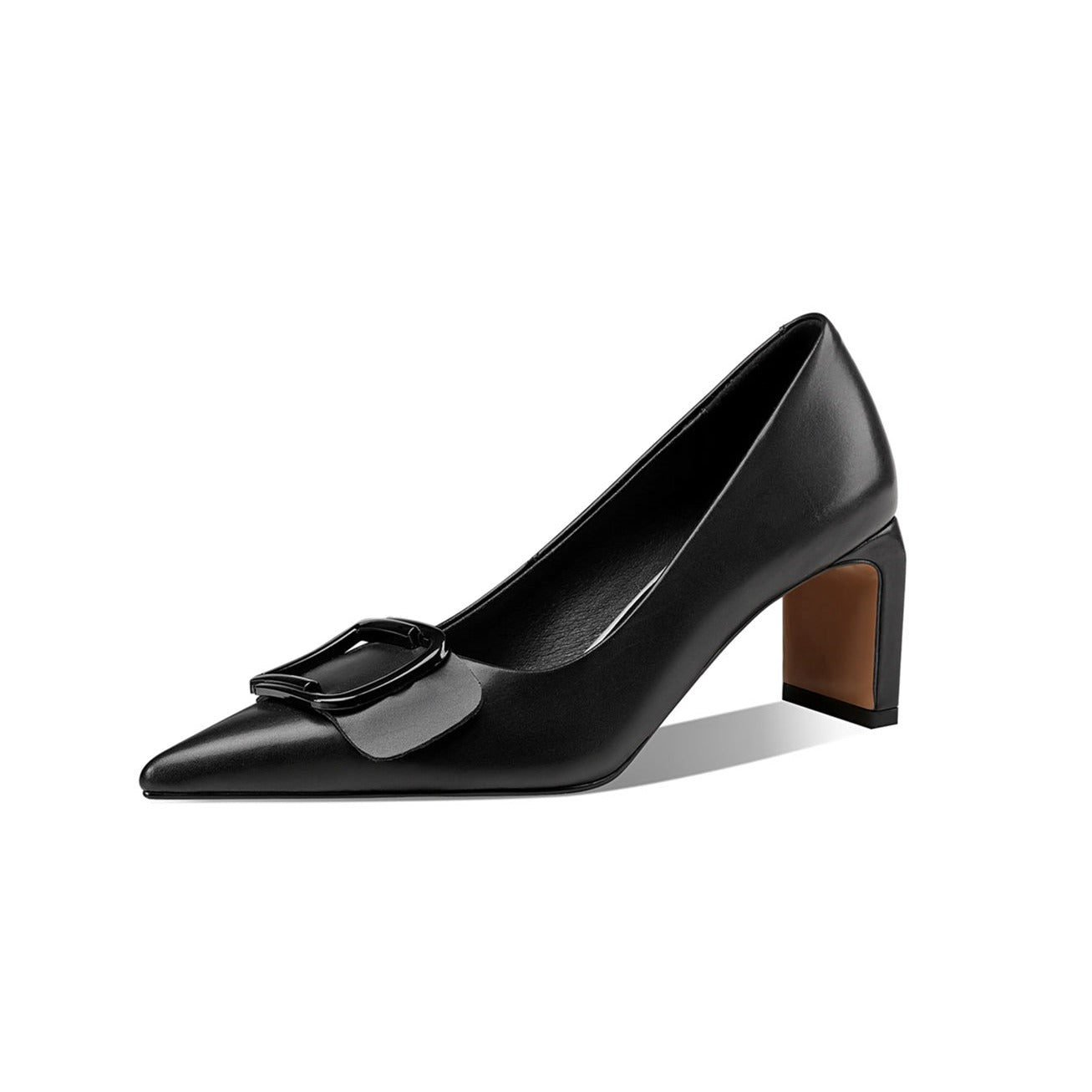 Nine Seven Women's Genuine Leather Pointed Toe Handmade Mid Block Heel Slip On Elegent Pumps Shoes with Buckle