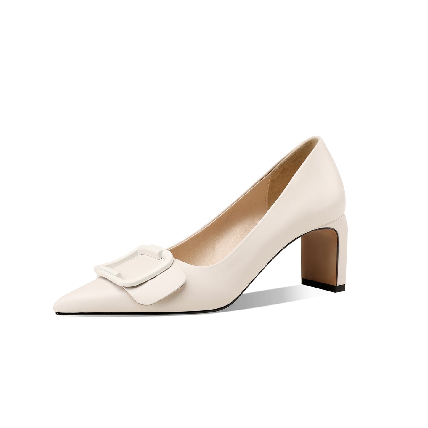 Nine Seven Women's Genuine Leather Pointed Toe Handmade Mid Block Heel Slip On Elegent Pumps Shoes with Buckle