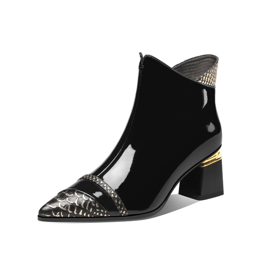 Nine Seven Glossy Patent Leather Women's Handmade Block Heel Pointed Toe Side Zip Up Snakeskin Ankle Dressy Boots