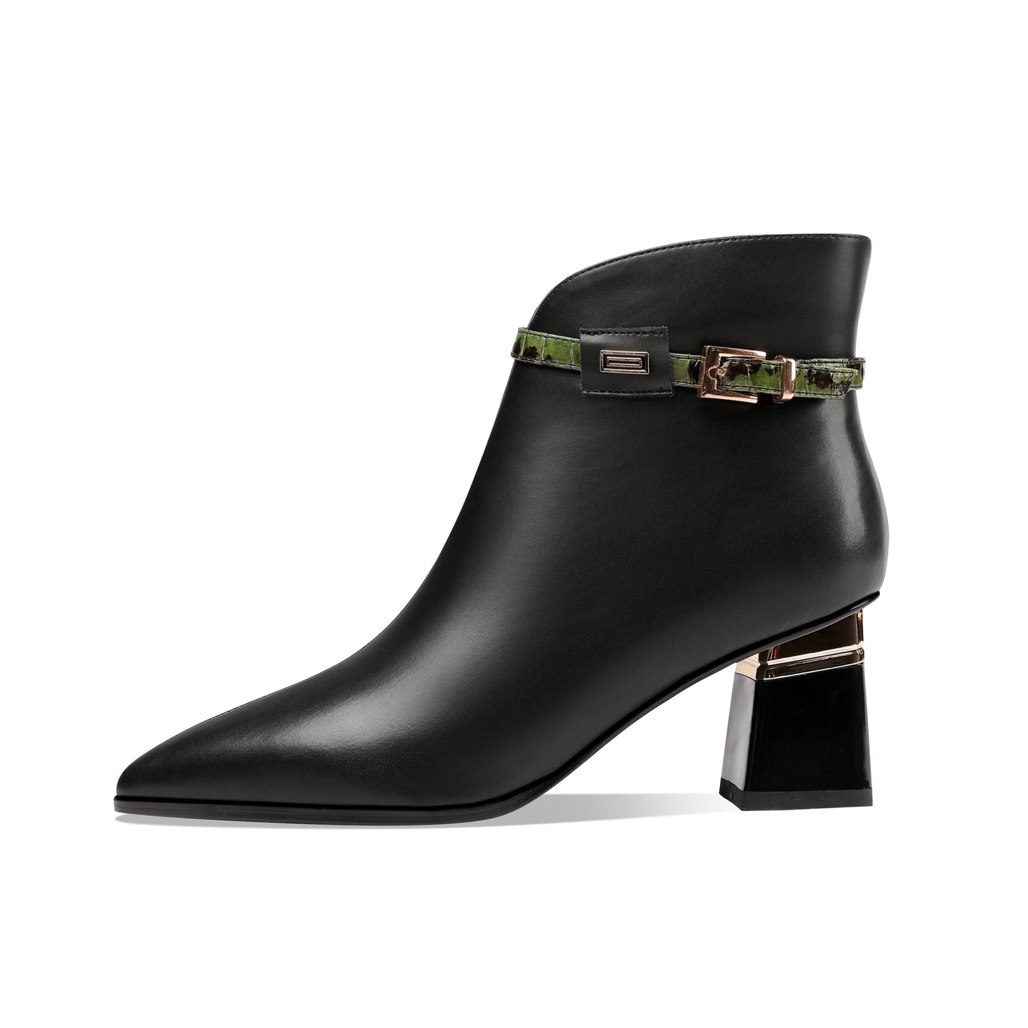 Nine Seven Genuine Leather Women's Handmade Side Zip Up Green Belt Design Chunky Heel Black Ankle Booties