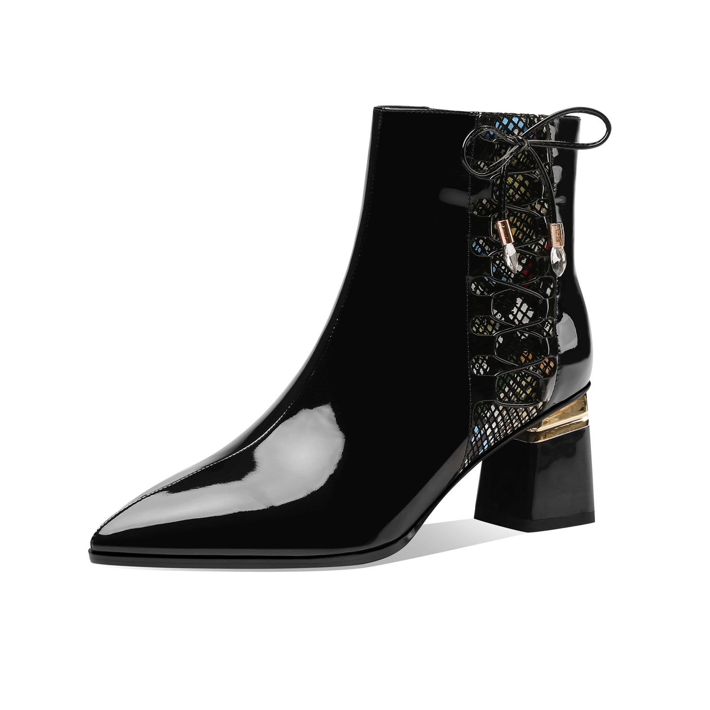 Nine Seven Women's Handmade Patent Leather Side Zip Up Cute Bowtie Chunky Heel Black Ankle Boots