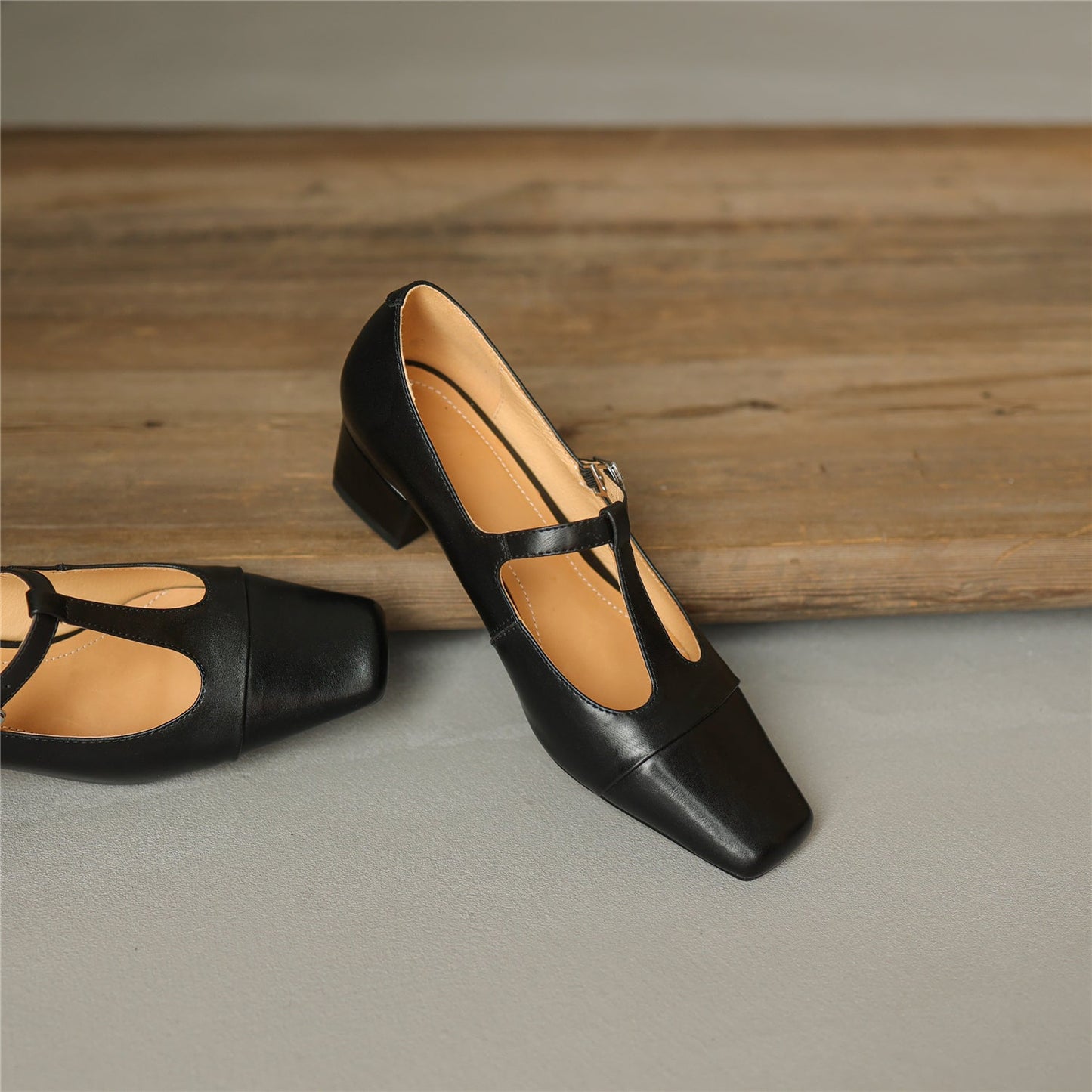 Nine Seven Women's Square Toe Handmade T-Strap Genuine Leather Low Chunky Heel Vintage Pumps Shoes