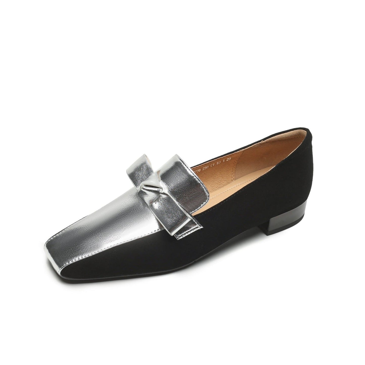 Nine Seven Handmade Women's Leather Slip On Square Toe Bowtie Chunky Heel Flats Shoes