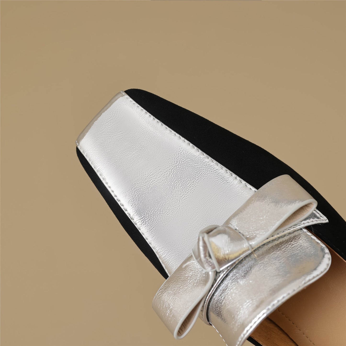 Nine Seven Handmade Women's Leather Slip On Square Toe Bowtie Chunky Heel Flats Shoes