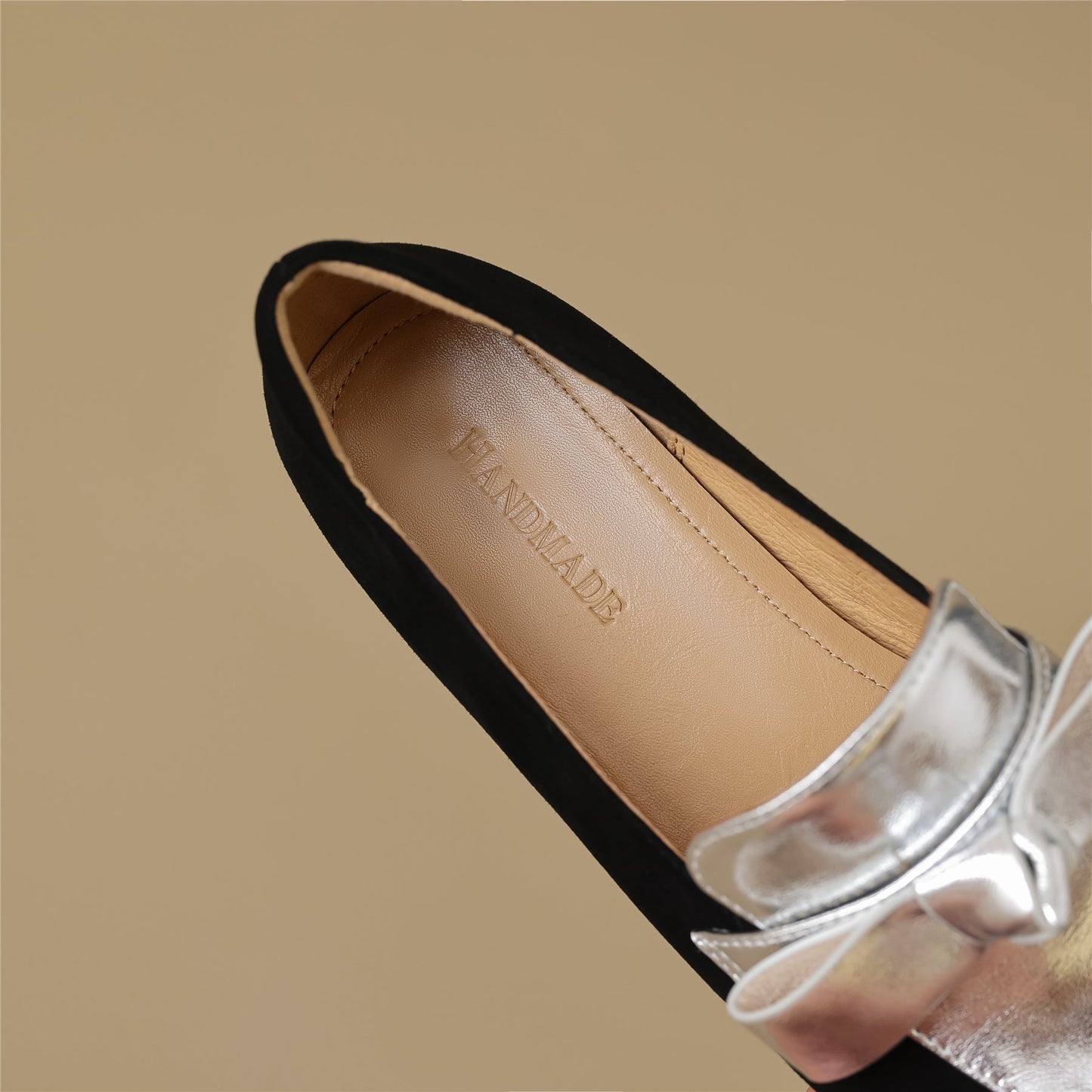 Nine Seven Handmade Women's Leather Slip On Square Toe Bowtie Chunky Heel Flats Shoes