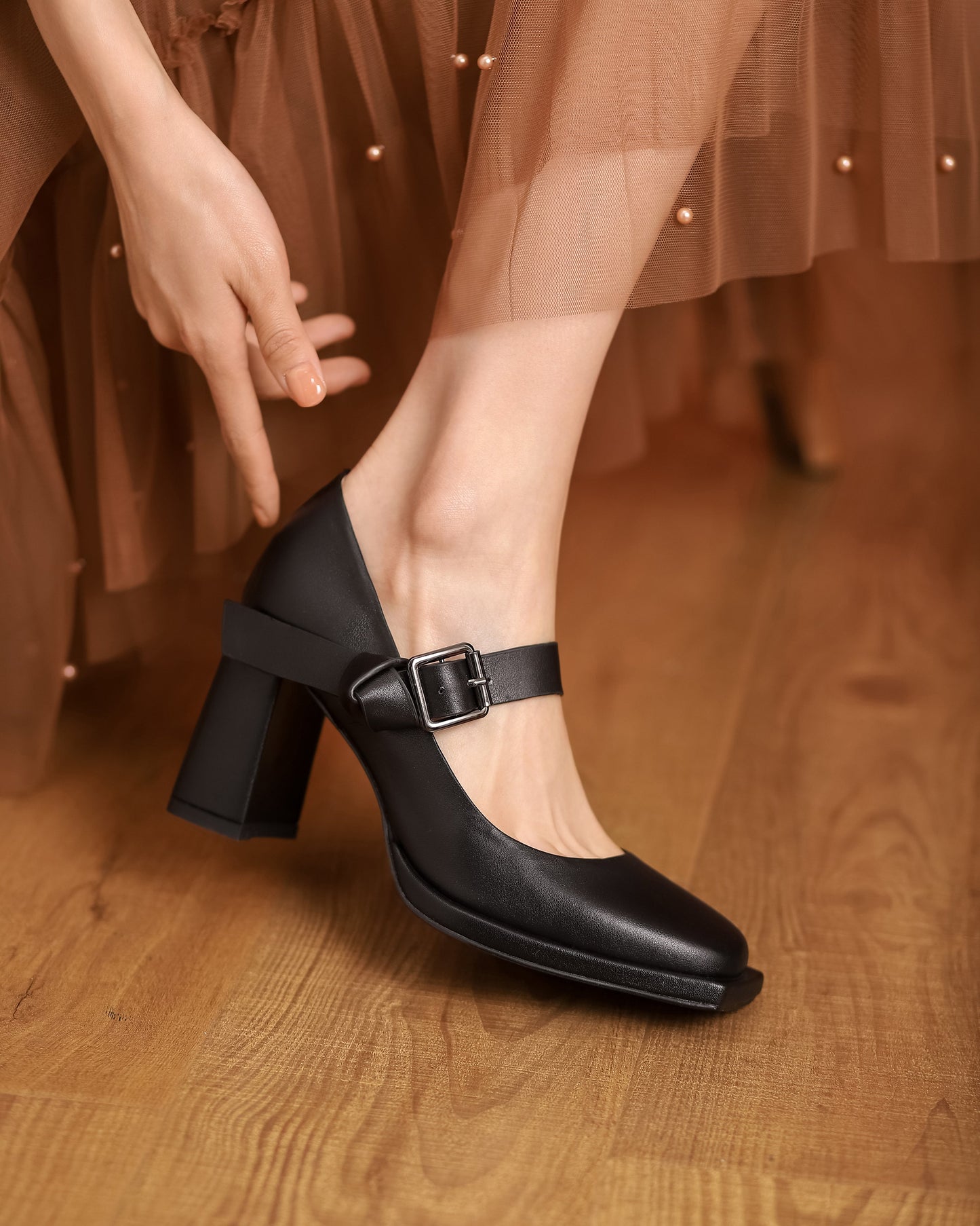 Nine Seven Women's Square Toe Genuine Leather Handmade Buckle High Chunky Heels Trendy Pumps Shoes