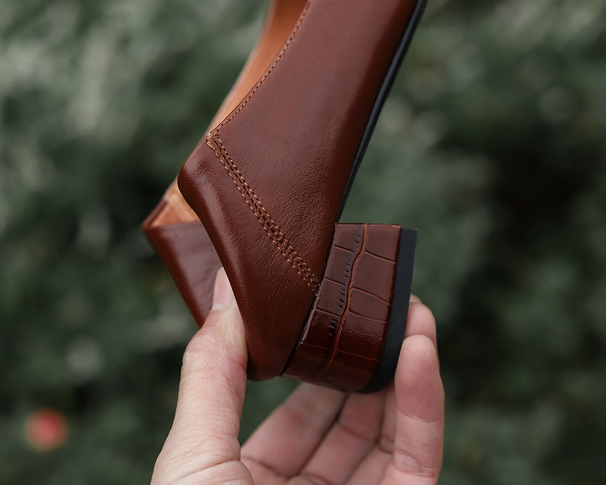 Nine Seven Genuine Leather Women's Handmade Square Toe Low Chunky Heel Classic Oxford Pump Shoes with Sewing Thread Decor