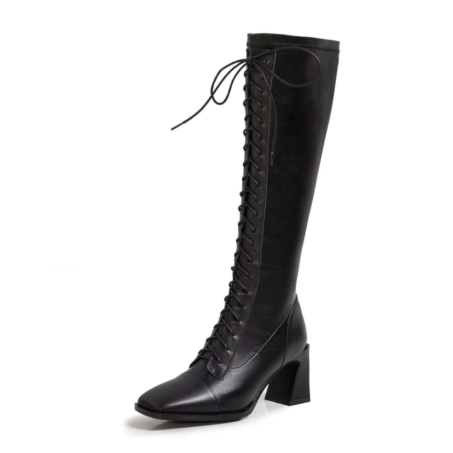 Nine Seven Women's Handmade Genuine Leather Square Toe Mid Spool Heel Side Zip Up Knee High Boots with Cool Adjustable Band