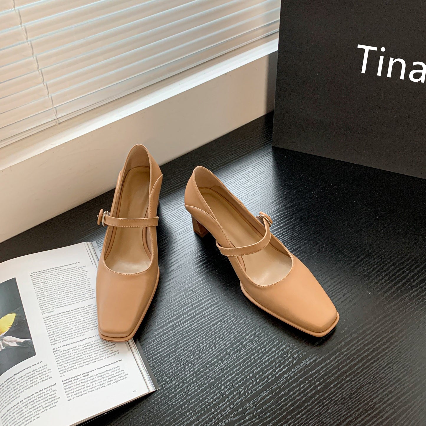 Nine Seven Women's Genuine Leather Handmade Classic Square Toe Mid Heel Buckle Closure Mary Jane Pumps