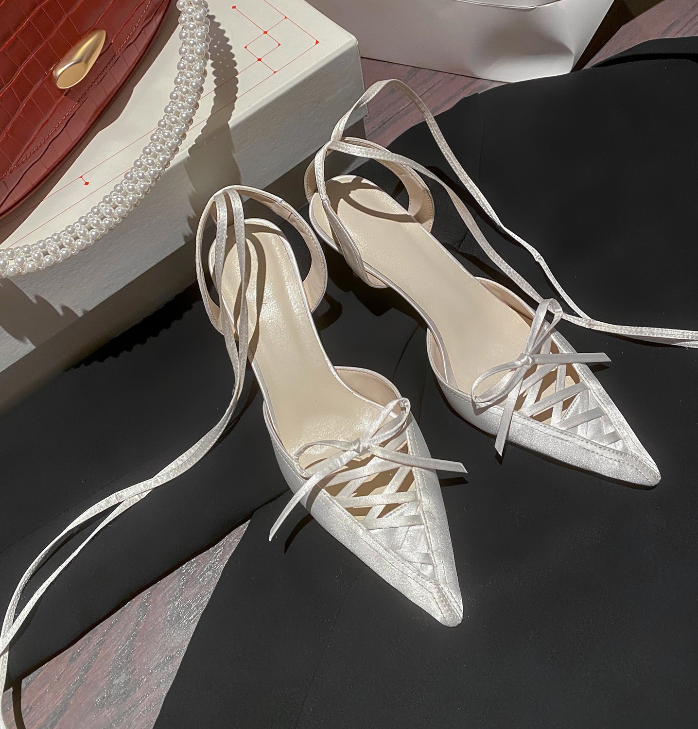 Nine Seven Lace Up Satin Handmade Women's Pointed Toe Spool Heel Calf Band Weeding Pumps Shoes