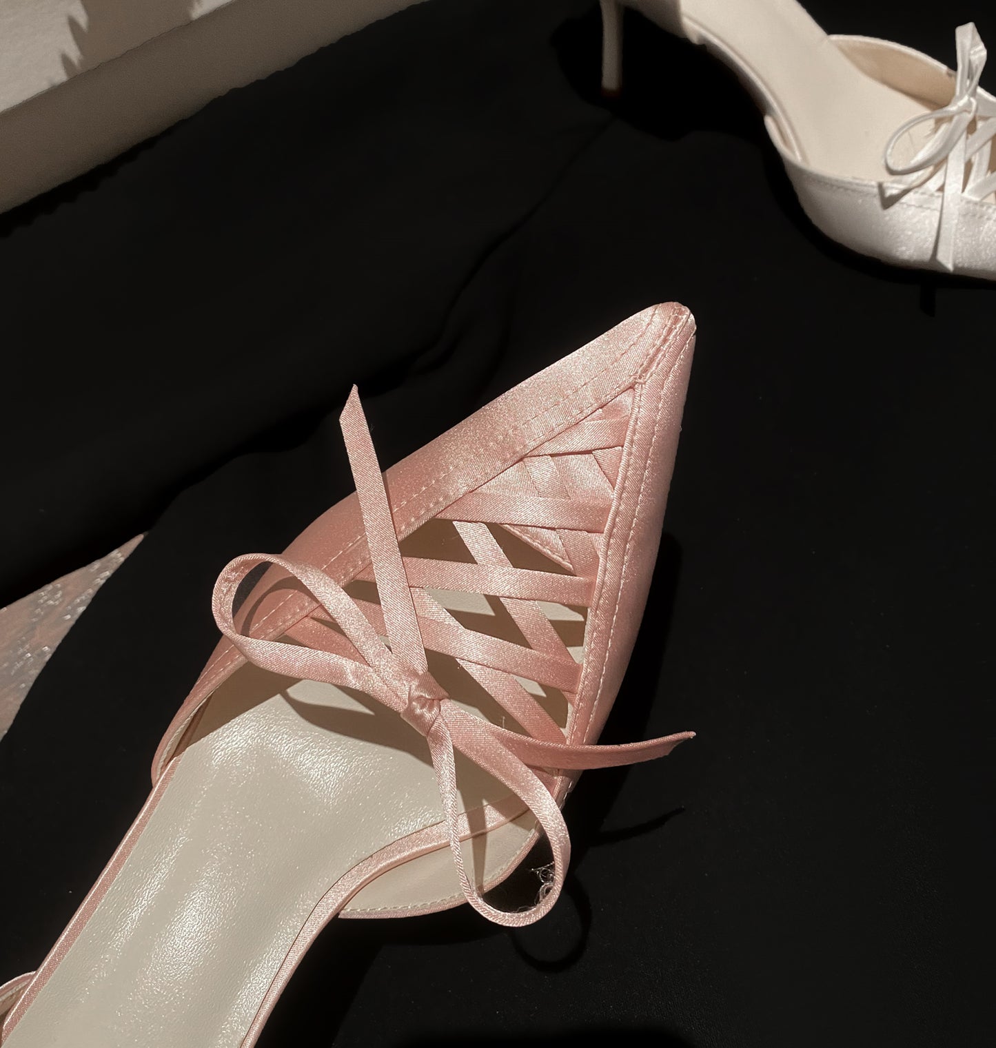 Nine Seven Lace Up Satin Handmade Women's Pointed Toe Spool Heel Calf Band Weeding Pumps Shoes