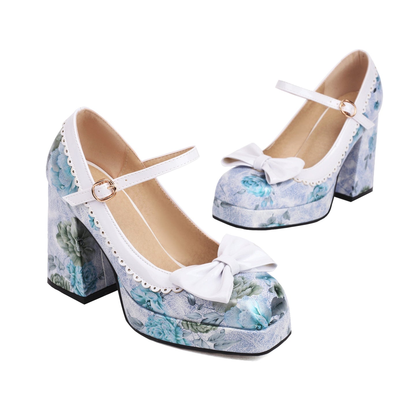 Nine Seven Women's Handmade Square Toe Floral Platform Bowknot Buckle Block Heel Wedding Party Pumps Shoes