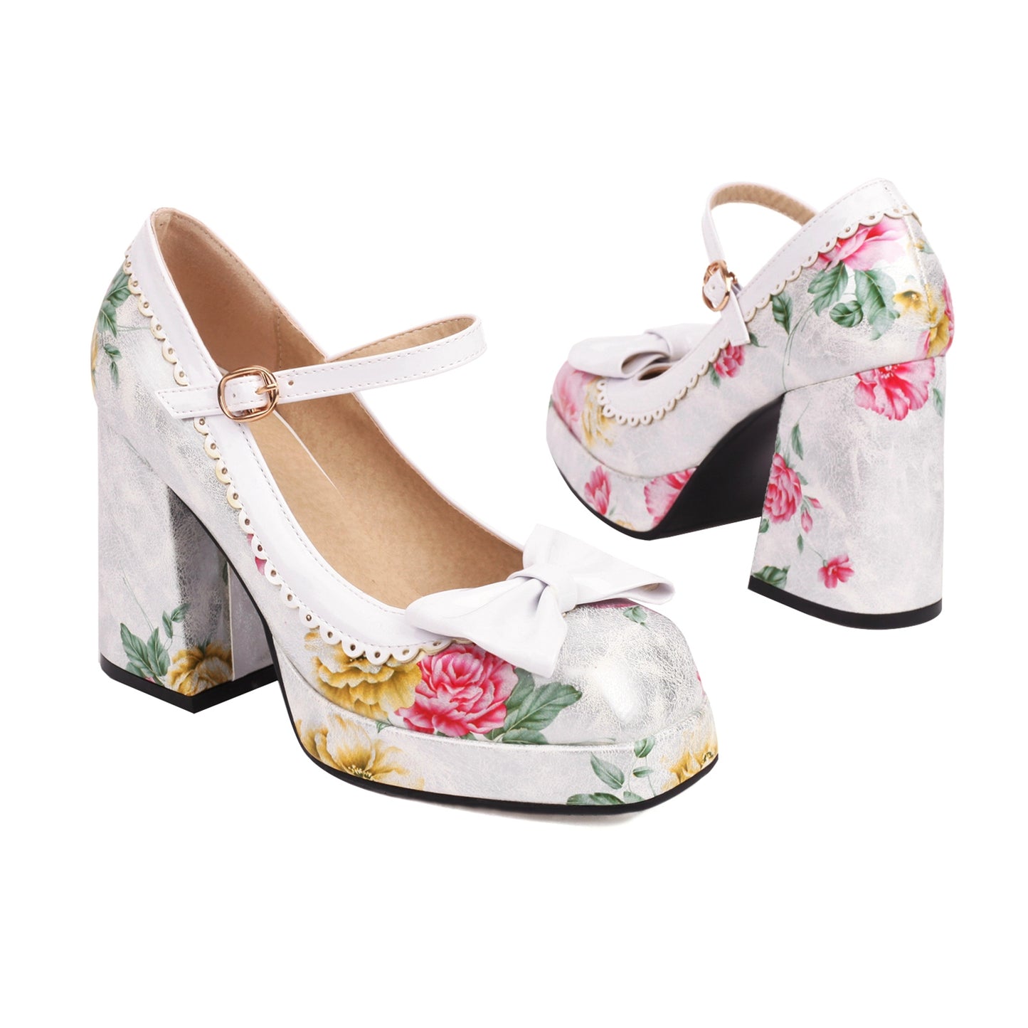 Nine Seven Women's Handmade Square Toe Floral Platform Bowknot Buckle Block Heel Wedding Party Pumps Shoes