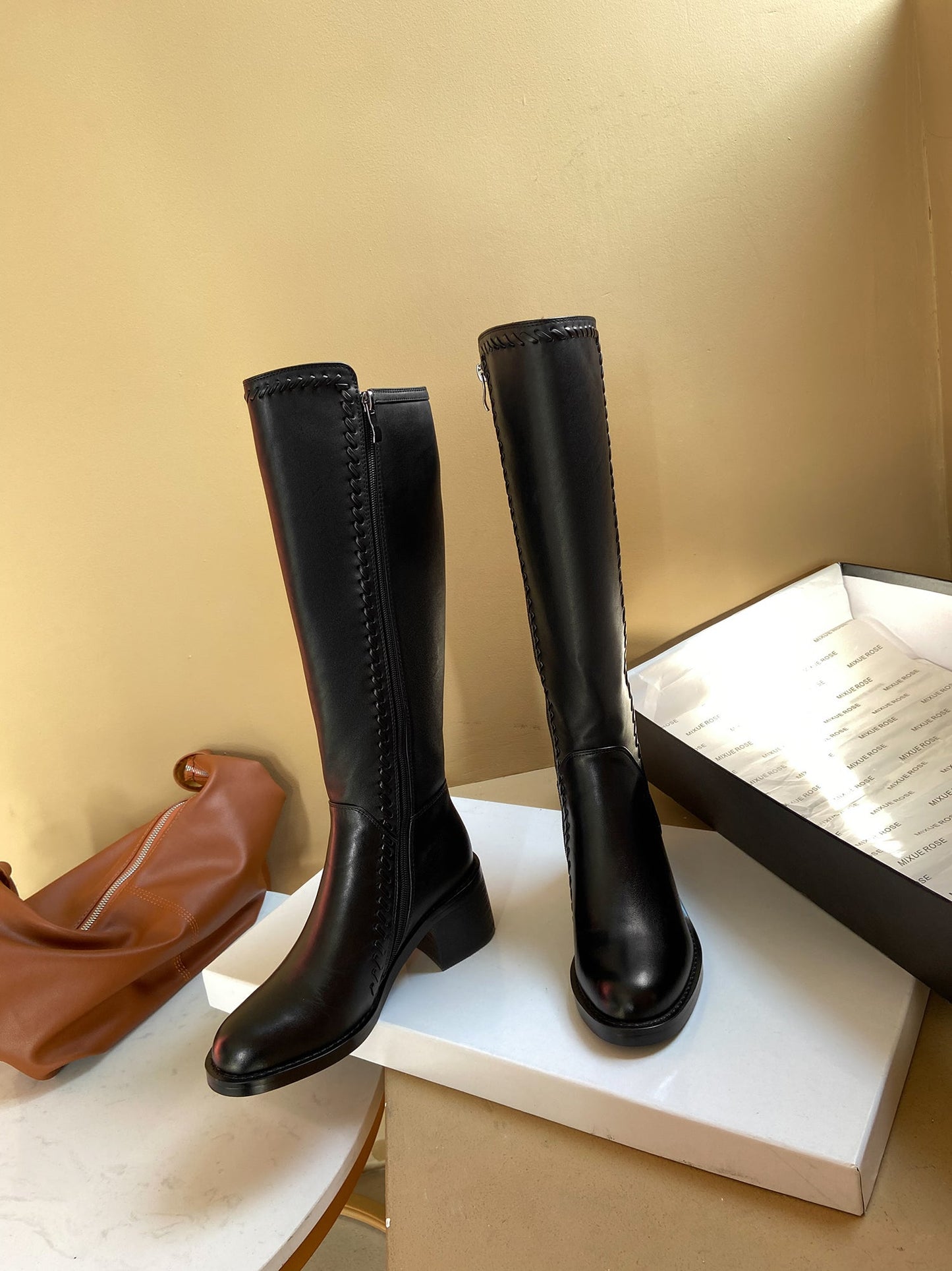 Nine Seven Women's Handmade Genuine Leather Round Toe Mid Block Heel Side Zip Up Black Knee High Boots