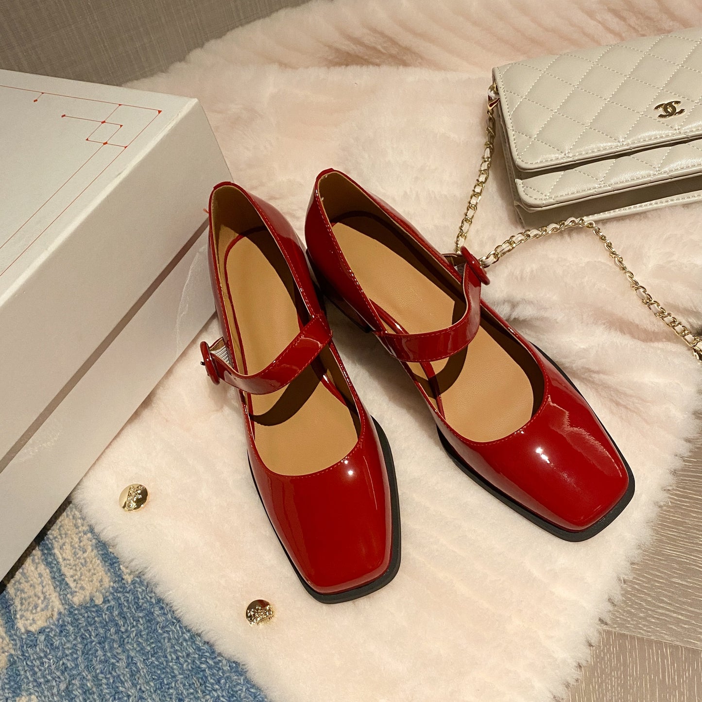 Nine Seven Handmade Women's Patent Leather Square Toe Buckle Low Chunky Heel Mary Janes Pumps Shoes