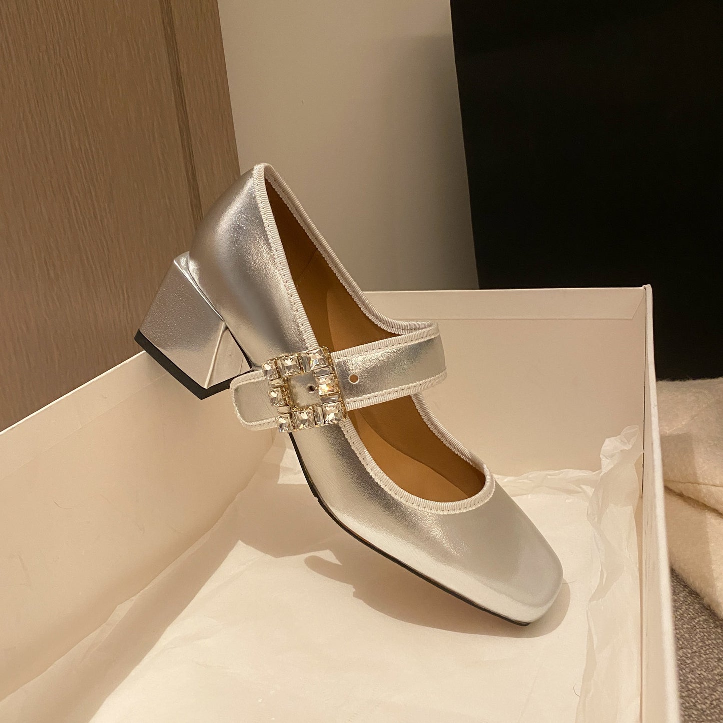 Nine Seven Handmade Women's Patent Leather Square Toe Buckle Low Chunky Heel Mary Janes Pumps Shoes