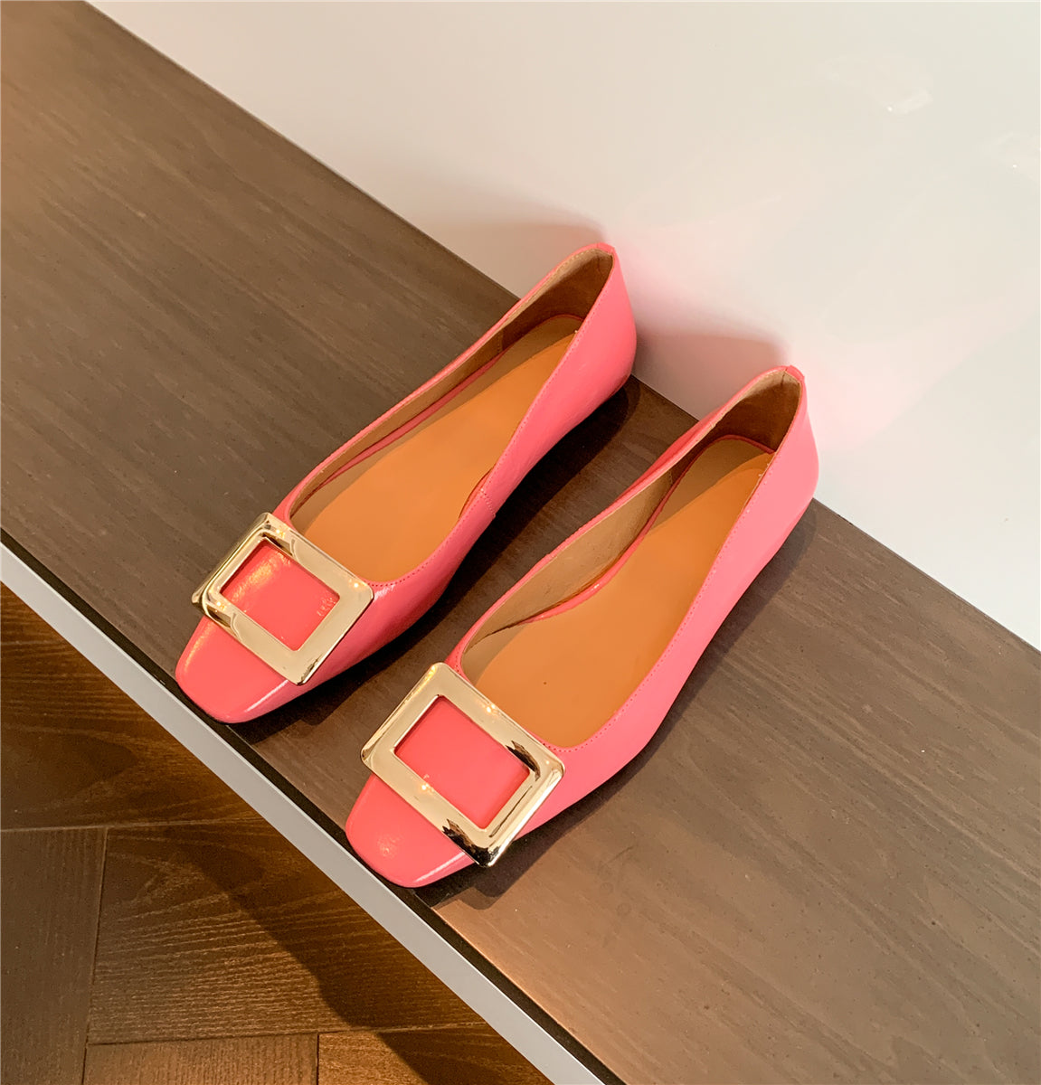 Nine Seven Women's Square Toe Patent Leather Handmade Buckle Comfort Slip On Flat