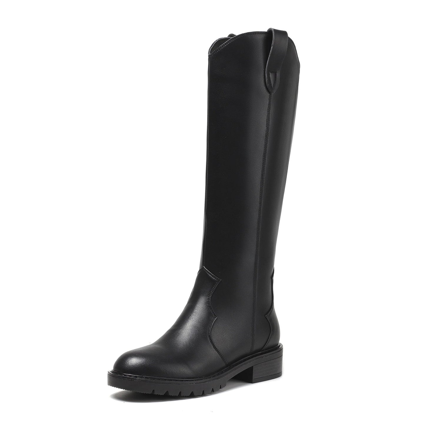 Nine Seven Women's Round Toe Genuine Leather Handmade Low Chunky Heels Stylish Slip On Knee High Boots