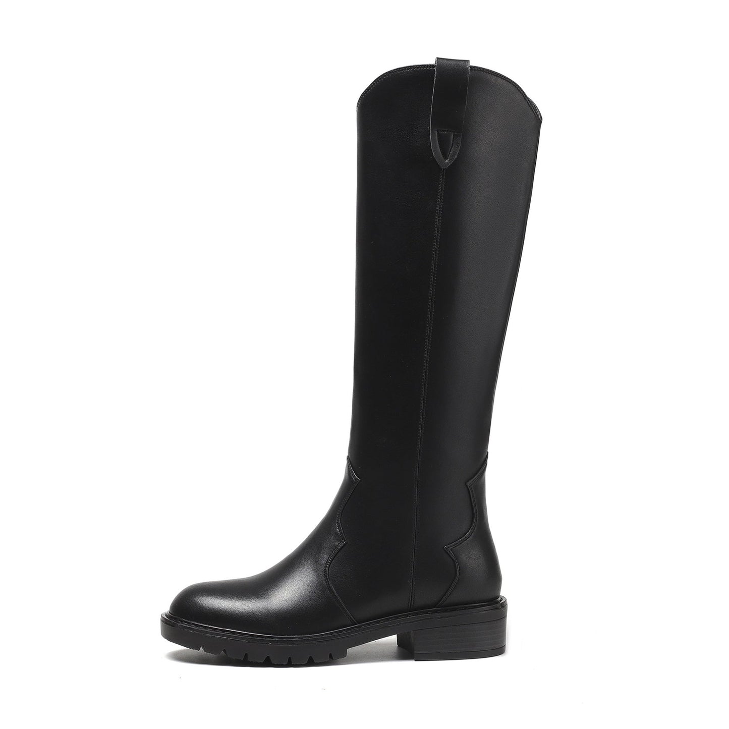Nine Seven Women's Round Toe Genuine Leather Handmade Low Chunky Heels Stylish Slip On Knee High Boots