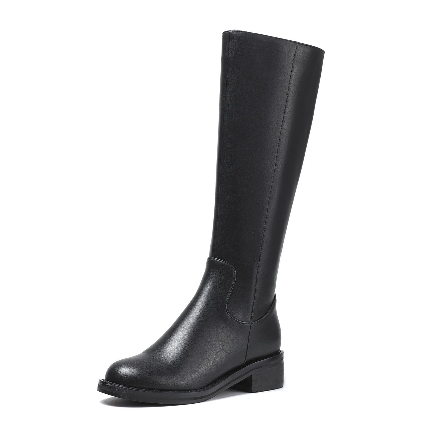 Nine Seven Round Toe Genuine Leather Handmade Side Zipper Comfort Low Chunky Heels Women's Knee High Boots